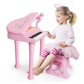 Love&Mini Piano Toy Keyboard Pink 31 Keys for Age 2+ Year Old Girls Birthday Gifts, Kids Keyboard Toy Instruments Pink Piano with Microphone and Stool