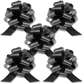 InstaBows 5-Inch Black Pull String Gift Bows – Satin Finish, Easy to Assemble, Pack of 5 – Black Bows for Christmas, Birthdays, Baby Showers, and Special Occasions