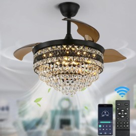 US Warehouse Home Decor Crystal Black Chandelier Led Smart Ceiling Fan With Light InverterColor: Black 42 inch, Emitting Color: dimmable, remote control, 6 speeds, App Control, Lamp Power(W): light 30W*2, motor 30W DC