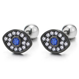 Evil Eye Black Stud Earrings Stainless Steel with White and Blue Cubic Zirconia Men Women Screw Back, Stainless Steel, Cubic Zirconia