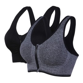 Vertvie Women's Sports Bra with Zip Front Closure, Push-Up Running Bra Without Underwire, Strong Hold, Racer back Stretch, Bustier, Padded, Quick-Drying Bralette for Fitness, Yoga, Jogging - Black + Grey, size: m