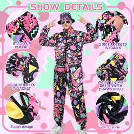 80s 90s Costume Tracksuit for Men, 80s Retro Outfit with Fishing Hat Sunglasses, Fashion Sportswear for Fancy Dress Disco Party, pink-red