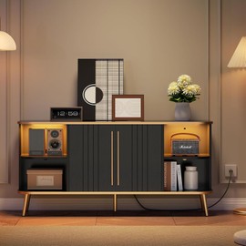 HOOBRO Modern TV Stand with Charging Station for 65" TVs, LED Entertainment Center with Storage, Media TV Console Table with Adjustable Shelf, for Living Room, Bedroom, Black and Gold BD65UDDS01