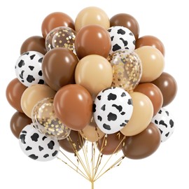 60pcs Western Balloons, Brown Nude Gold Confetti Cow Print Latex Cowboy Balloons for Farm Cowboy Western Baby Shower Birthday Party Decorations