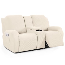 TAOCOCO Loveseat Recliner Cover with Middle Console, Stretch Loveseat Cover for 2 Seat Recliner Couch, Jacquard Reclining Sofa Covers Loveseat Slipcover Furniture Protector, Beige