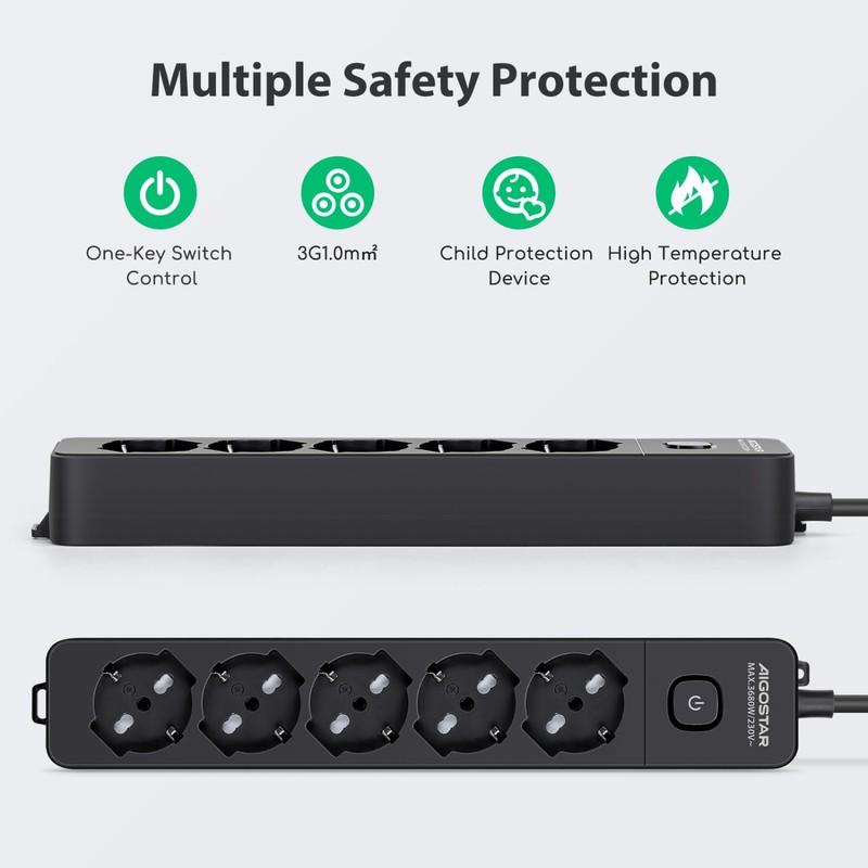 Aigostar 5 Way Power Strip with Switch 250V/3680W 5m Cable