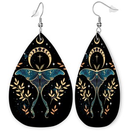 Boho Butterfly Moon Blue Leather Earrings Set | Lightweight Faux Leather Teardrop Dangle Earrings | Teardrop Jewelry Earrings