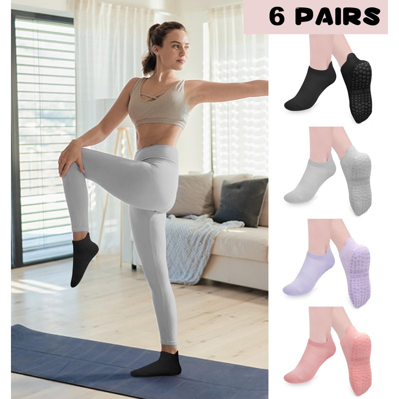 YSense 6 Pairs Pilates Socks with Grips for Women Non