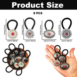 8PCS Vintage Western Style Circular Hair Ties, Metal Boho Button Ponytail Holders with Red & Turquoise, Squash Blossom Elastic Hair Ropes for Women & Girls Gifts Accessories