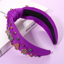 Mardi Gras Headband for Women Glitter NOLA Fleur De Lis Knotted Headband Purple Green Gold Crystal Rhinestone Jeweled Top Knot Headband Carnival Hair Accessories Fat Tuesday Party Favors (NOLA)