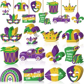 Yalikop Mardi Gras Ornaments Mardi Gras Tree Decorations Yellow Green Hanging Ornaments for Tree Gnome Crown Mask Wooden Ornament for Carnival Holiday Party Favors