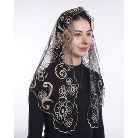 Bozidol Mantilla Triangular Embroidered Our Lady of Mount Carmel Camellia Veils - Black Gold - Luxurious Catholic Veil for Women, Ideal for Religious Ceremonies, Mass, and Celebrations