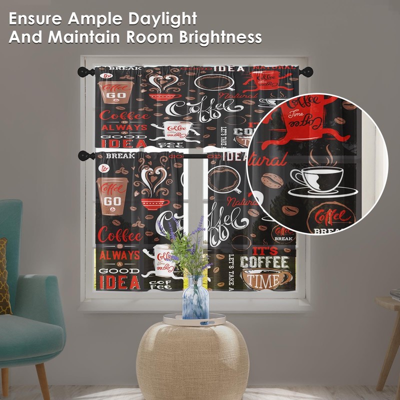 Tayney Coffee Kitchen Window Curtains Valance and Tier Set, Black