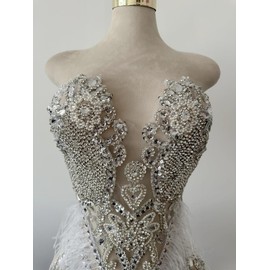 ESOSZNUA Pure Handmade Bodice lace Rhinestones Applique Sewing Stones Beads Crystal Trimming Patches Accessories for Wedding Dress Ostrich Feather Decorations 13.7X22inches 1pcs/Bag (Silver)