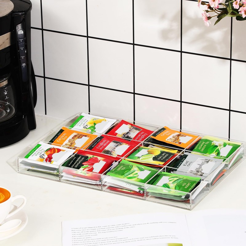 Weysat 12 Grids Acrylic Tea Bag Organizer Clear Acrylic Holder