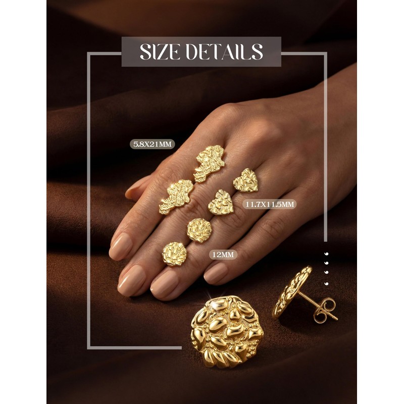 MUSECLOUD 3 Pairs 14K Gold Plated Nugget Earrings for Men