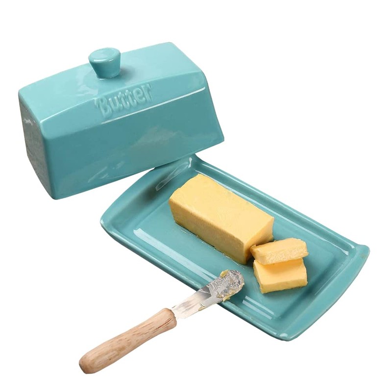 Blue Ceramic Butter Dish with Lid & Handle – Large