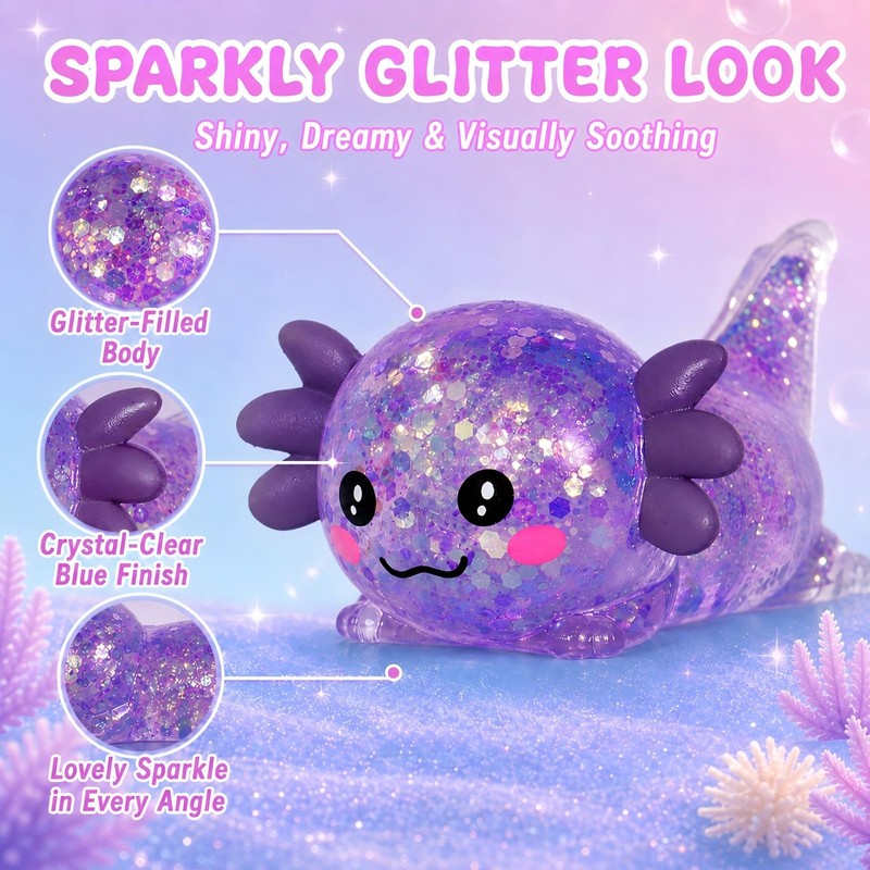 Asgzed Axolotl Squishy Stress Relief Toy Cute Glitter Squishy Axolotl