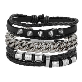 Eigso Pack of 3 Braided Leather Cuff Bracelets for Men Women Unisex Vintage Retro Stainless Steel Link Bracelet for Men Women, Leather