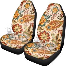 Qpednta Boho Floral Car Seat Covers 2 Pcs Stretch Polyester Fabric Cover Waterproof Car Seat Cover Easy Installation Universal Size Fit for Most Cars SUVs Trucks Vans