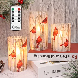 Crystal Club Flameless Candles, Cardinal Theme, (Set of 3) Battery Operated LED Candles with Remote, Real Wax & Glass Effect Candle with Timer for Christmas Home Festival Décor