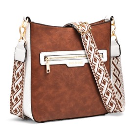 molshine Crossbody Bags for Women,PU Leather Bucket Shoulder Bags Hobo Handbag Purse with Detachable Adjustable Widen Guitar Strap (Brown base with white edge)