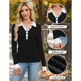 Blooming Jelly Women's Cable Knit Sweater Long Sleeve V Neck Pullover Tops 2025 Fall Fashion Trendy Old Money Clothes (Black and White,Medium)