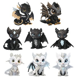 Comforso 8 Pcs Animal Diamond Painting Keychains, 5D DIY Double Sided Cartoon Animals Full Drill Diamond Art Kits, Hanging Diamond Art Kit Ornaments for Kids Adults (Dragon, Black)