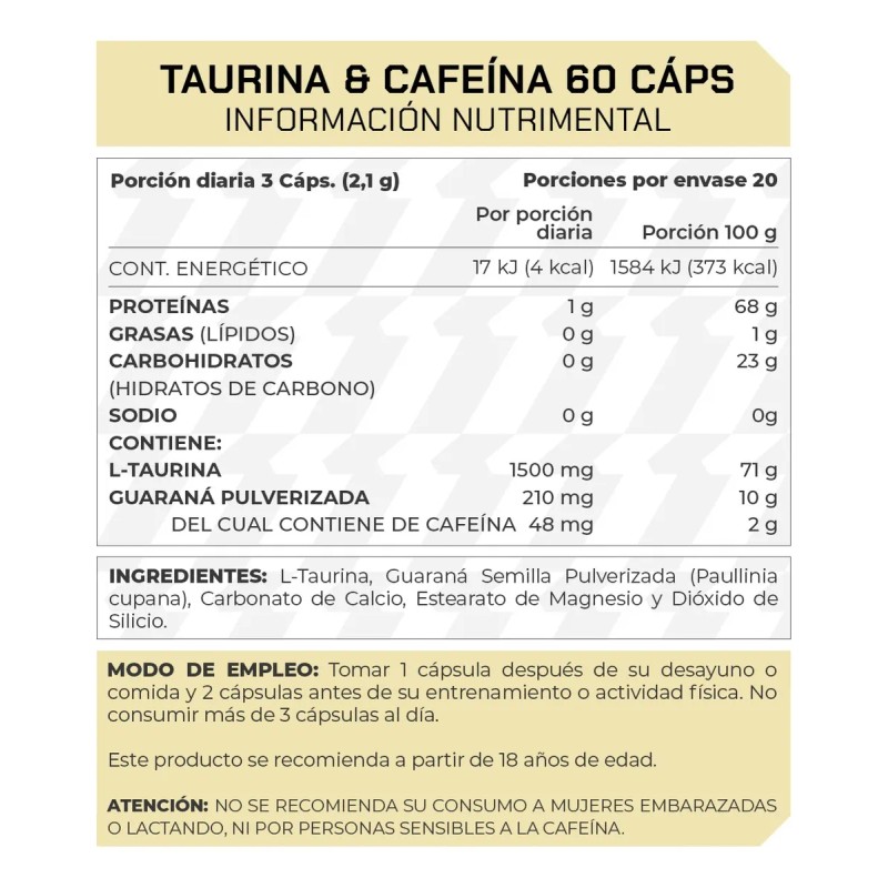 Taurina Cafeina (60 Caps) Prowinner Sin Sabor