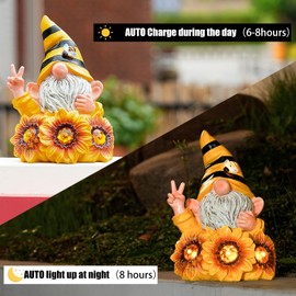 Joint Honglin Garden Gnome Sculptures & Statues Resin Summer Bee Gnome with Sunflower, Outdoor Funny Honey Gnome Decoration Solar LED