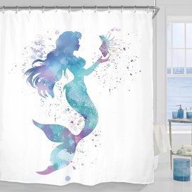 Miyotaa Mermaid Girls Shower Curtain Set 60Wx71H Inches Teal Turquoise Purple Beautiful Kids Princess Waterproof Bathroom Curtain with 12 Hooks