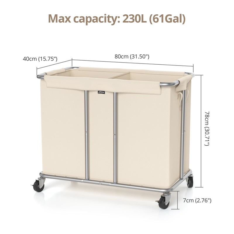 Hodonas 230L Rolling Laundry Hamper, 2-Section Laundry Basket with Wheels,