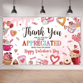 Aperturee Valentine's Day Thank You Banner 70.8 x 43.3 Inch Polyester Backdrop with Sweet Treats Design for Appreciation Celebrations and Party Decorations Photo Booths