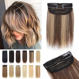 S-noilite Hair Extensions for Short Hair Clip in Human Hair 2PCS 2 Clips Balayage Clip in Hairpieces Remy Hair For Women with Thinning Hair Add Hair Volume 4 Inch Medium Brown/Dark Blonde