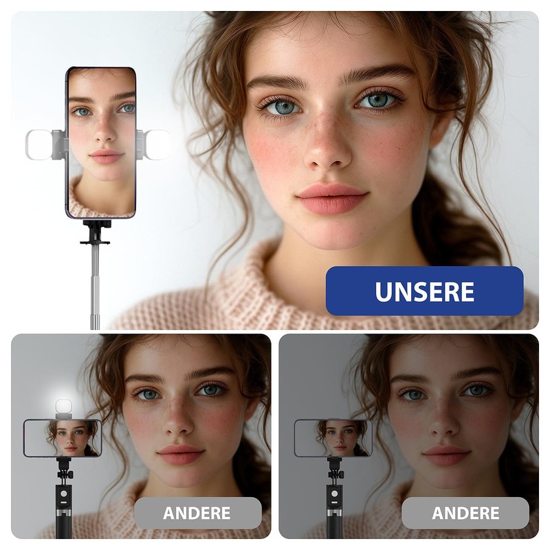 Somikon Smartphone-Selfiestick: 2er-Set Smartphone-Selfie-Stativ, 2 LED-Lichter, mit BT-Fernauslöser (Selfie Stick