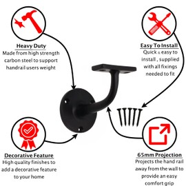 Matt Black Handrail Brackets for Stair Bannister Handrail Wood and Steel Handrail - Pack of 4