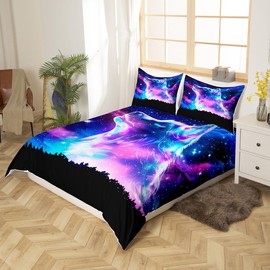 Loussiesd Northern Lights Bed Linen Set, Colourful Galaxy Wolf Bed Linen, 135 x 200 cm, Children, Teenagers, Starry Sky Aurora Duvet Cover, Howling Wolf, Wild Animal Bed Linen Set, Bedroom Decor,