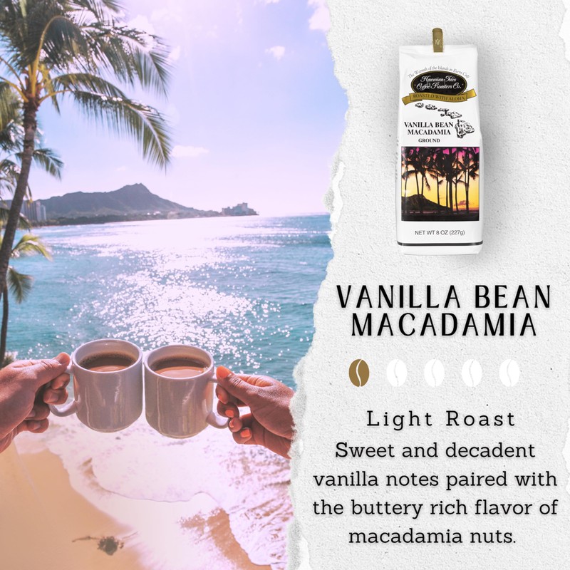 Hawaiian Isles Coffee Vanilla Bean Macadamia Flavored, Light Roast Ground