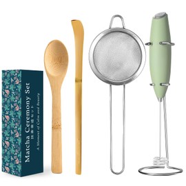 MONOJOY Electric Matcha Whisk Set 4 PCS Matcha Making Kit Powder Mixer Electric Milk Frother Traditional Tea Scoop Chashaku, Spoon, Sifter, Durable Coffee Stirrers Maker Tools Gift for Lovers Beginner
