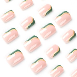 24pcs Square False Nails Short Green Edge Stick on Nails Nude Pink Press on Nails Removable Glue-on Nails Fake Nails Women Girls Nail Art Accessories