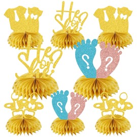 KEWUFD 8 Pcs Boy or Girl Honeycomb Centerpieces, Gender Reveal Decorations For Baby Shower Party Decor, Pregnancy Announcements Newborn Party Supplies Rose Gold Blue (Double Sided Glitter Paper)