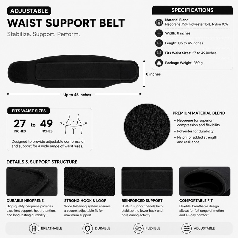 Adjustable Waist Support Belt for Daily Stability – Compression Back