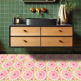 HOMETITUTE 10PCS 12x12 Inch Pink Rose Floral Peel and Stick Floor Tiles Removable Self Adhesive Vinyl Flooring Stickers for Bathroom Bedroom Kids Room Home Decor