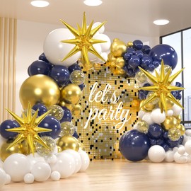 Blue and Gold Balloons Garland Arch Kit, 156 Pack Navy Blue and White Gold Confetti Balloons 18" 12" 10" 5" with Starburst Foil Balloons For Birthday 2024 Graduation Party Decorations