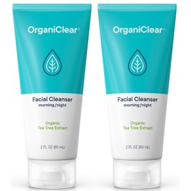 OrganiClear Facial Cleanser w/Organic Tea Tree & Salicylic Acid – Gentle Daily Foaming Gel Face Wash for Deep Cleansing & Makeup Removal – Unclogs Pores, Eliminates Dirt & Oil, (2 oz) 2 Pack