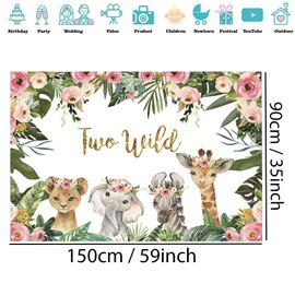 Safari Two Wild Backdrop Safari Animal Second Birthday Party Backdrop Jungle Girl 2nd Birthday Party Decoration Photography Backdrop Birthday Poster, 150cm x 90cm