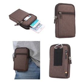 DFVmobile - Universal Multi-Functional Vertical Stripes Pouch Bag Case Zipper Closing Carabiner for ARCHOS 50b Oxygen - Brown (17 x 10.5 cm)
