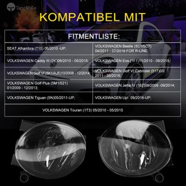 TangMiGe Fog Light for Volkswagen Tiguan Beetle Caddy 3 Eos Golf 6 / Cabriolet / Plus Jetta 4 Touran Up (VW 5N 5C1 5C7 2K 1F7 5K1 AJ5 517 5M1 521 162 1T3) Seat Alhambra 710 2008-2019 Smoke Smoke