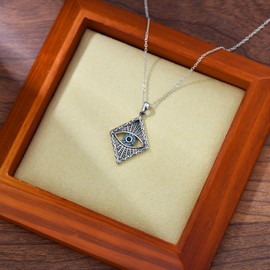 LELOUCHY - Collar con colgante de plata de ley 925 rombo azul mal de ojo con colgante de protección griega, regalo para mujeres y hombres, Plata esterlina, Circonia cúbica