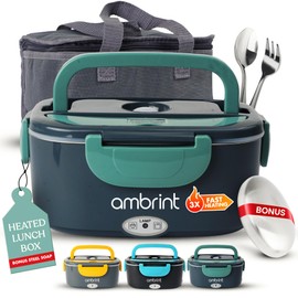 ambrint Electric Lunch Box 80W Food Heater Lunch Box Portable Food Warmer for Car/Truck/Office 1.5L 304 Stainless Steel Container, Soap, Fork, Spoon & Bag Lonchera Eléctrica Portátil 12/24/110/220V